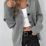 Medium Grey Drawstring Hooded Button Up Drop Shoulder Sweater Cardigan