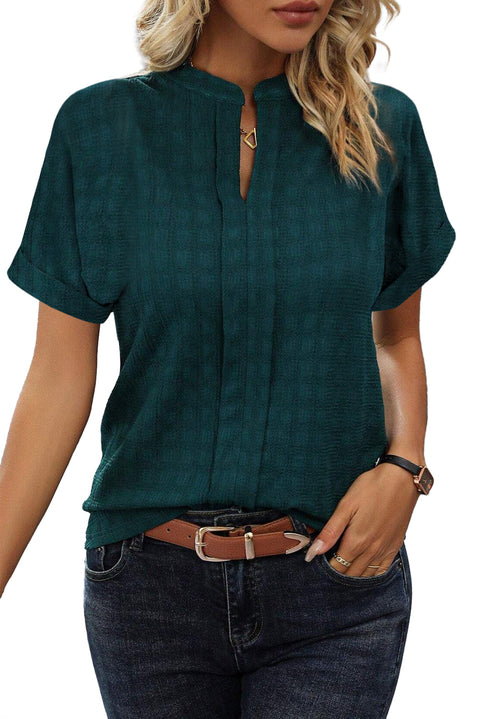 Sea Green Solid Textured Split Neck Short Sleeve Blouse