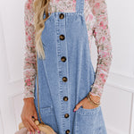 Beau Blue Wide Strap Button Front Pocketed Denim Mini Dress