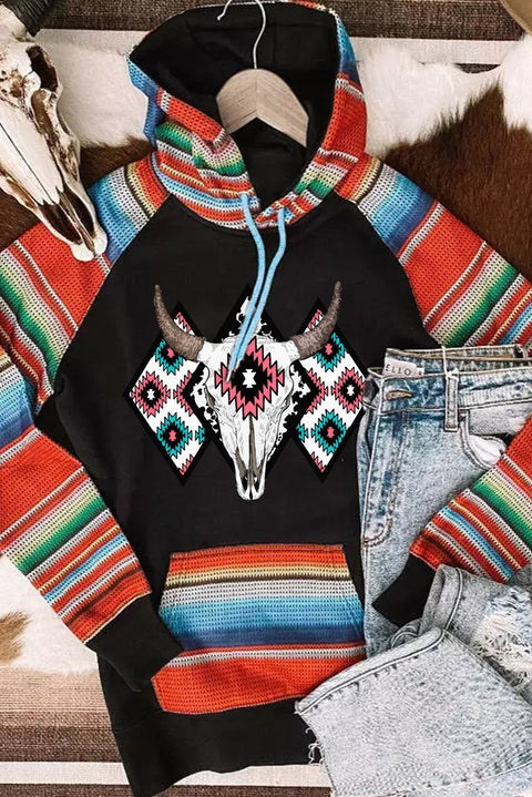 Multicolor Western Steer Head Aztec Serape Patchwork Pocketed Hoodie