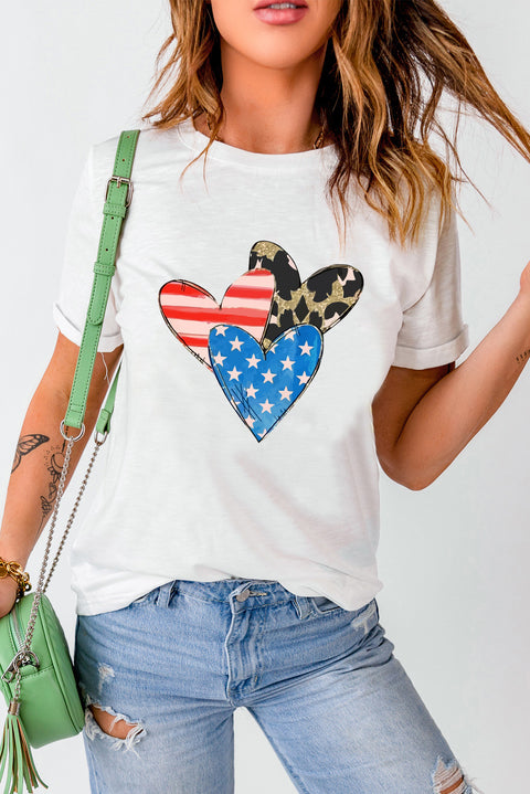 White Stars Stripe Leopard Heart Shape Graphic T Shirt