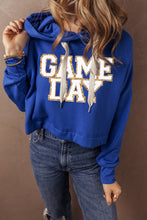 Dark Blue Glittering GAME DAY Patched Cropped Drawstring Hoodie