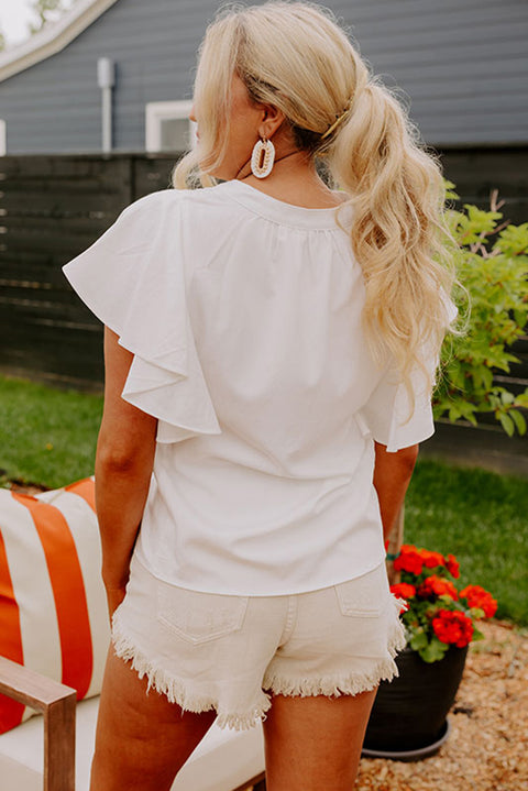 White V Neck Pleated Front Ruffled Sleeve Shirt