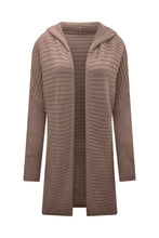 Brown Horizontal Rib Knitted Open Front Hooded Cardigan