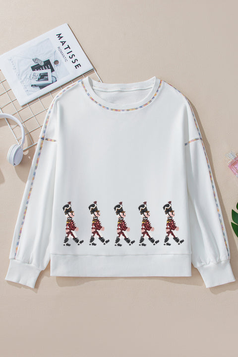 White Colorful Stitches Trim Sequined Nutcracker Doll Graphic Sweatshirt