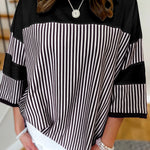 Black White Striped Patchwork 3/4 Sleeve Oversize Top