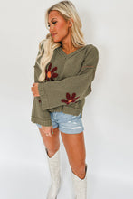 Sage Green Flower Knit Ribbed Trim V Neck Sweater