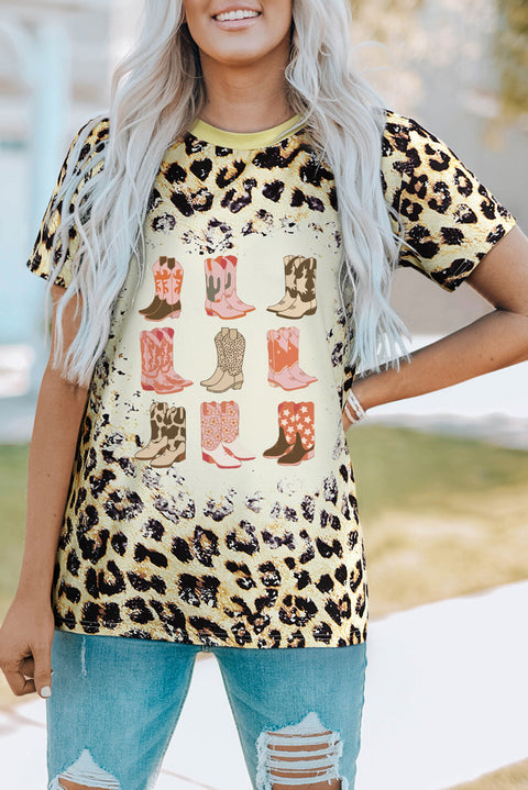 Leopard Cowgirl Boots Graphic Bleached Leopard T Shirt