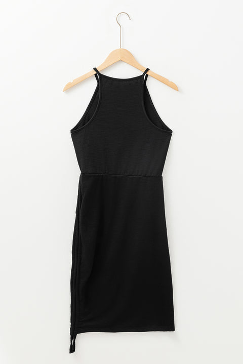 Black Racerback Ribbed Knit Drawstring Bodycon Dress