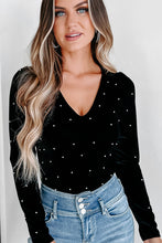 Black Velvet Beaded Long Sleeve V Neck Bodysuit