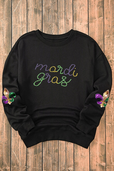 Black Ceramic Rhinestone mardi gras Letter Graphic Sweatshirt