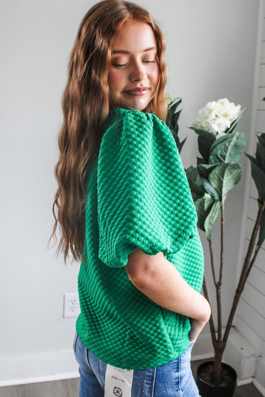 Sea Green Solid Textured O Neck Puff Sleeve Blouse