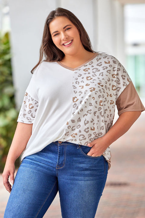 Plus Size Leopard Patchwork Short Sleeve Top