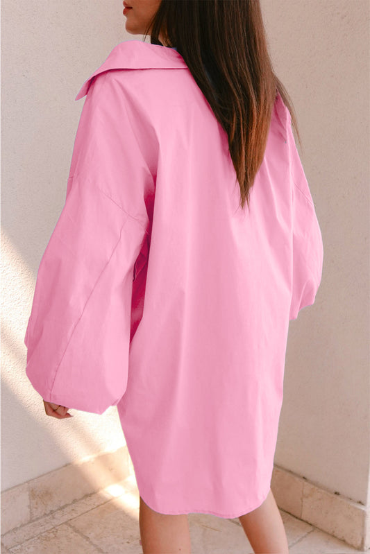 Bright Pink Balloon Sleeve Button Up Mini Shirt Dress