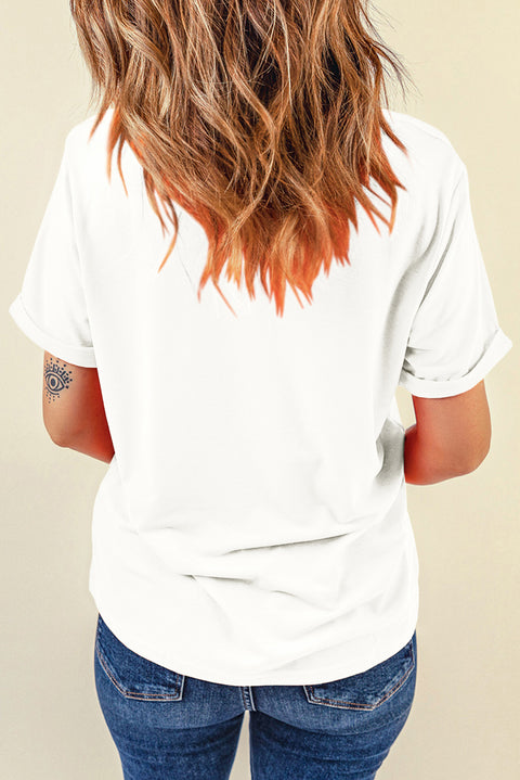 White MAMA Leopard Color Block Crew Neck Casual Tee