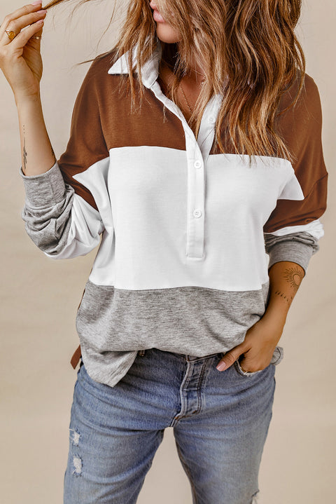 Turn-down Collar Colorblock Pullover Sweatshirt