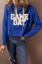 Dark Blue Glittering GAME DAY Patched Cropped Drawstring Hoodie