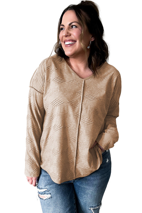 Khaki Plus Size Textured Drop Shoulder Exposed Seam Top