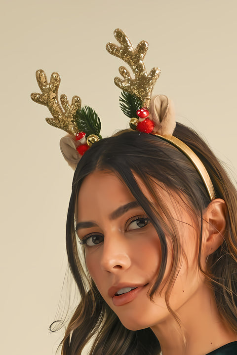 Gold Christmas Reindeer Sequined Bell Headband