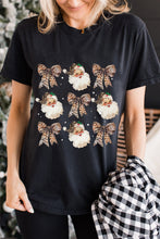 Black Santa Claus Leopard Bow Print Crew Neck Casual T Shirt