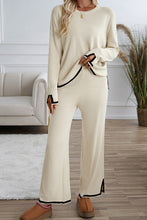 Apricot Contrast Trim Split Cuffs Long 2pcs Sweater Outfit Loungewear