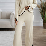 Apricot Contrast Trim Split Cuffs Long 2pcs Sweater Outfit Loungewear