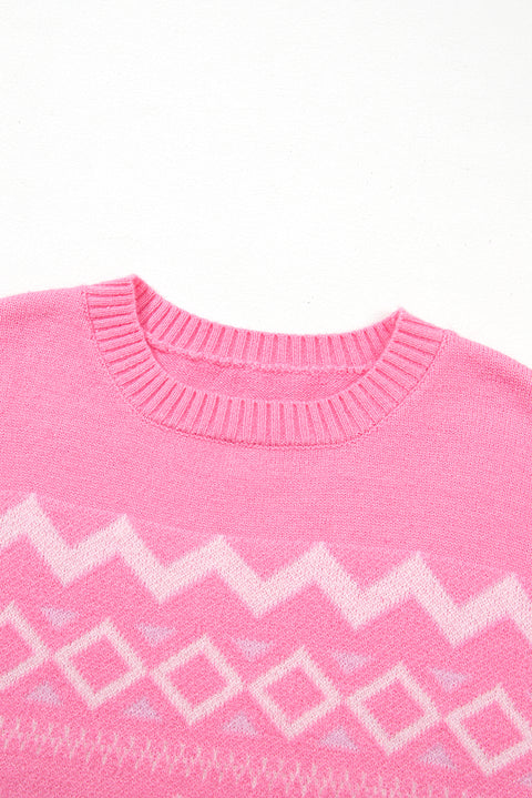 Pink Western Aztec Geometric Drop Shoulder Sweater