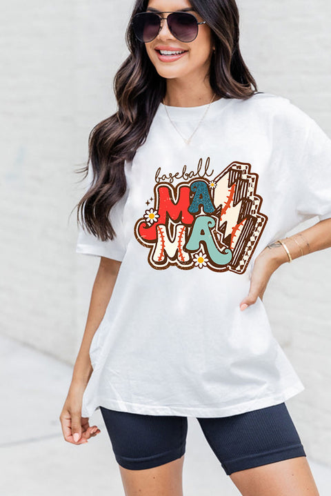 White MAMA Baseball Bolt Graphic T Shirt