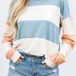 Light Blue Colorblock Striped Drop Shoulder Long Sleeve Top