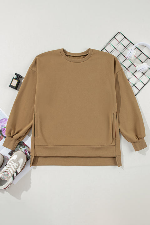 Camel Solid Fleece Lined Drop Shoulder High Low Sweatshirt