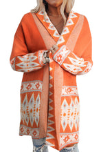 Orange Printed Aztec Print Open Front Knitted Cardigan