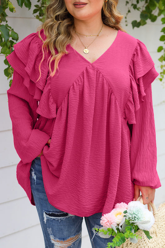 Blusa rosa con cuello en V y volantes arrugados talla grande 