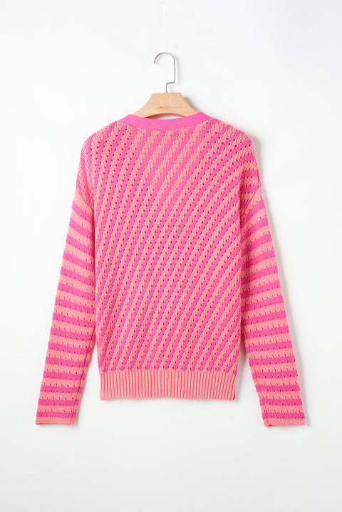 Pink Striped Buttoned V Neck Drop Shoulder Cardigan