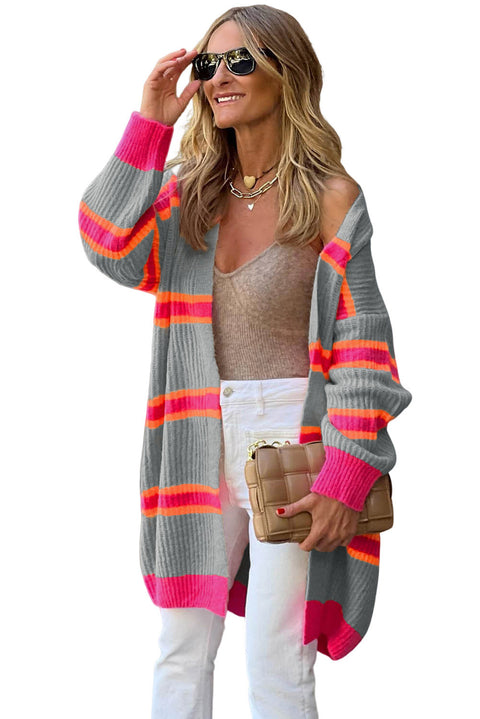 Stripe Printed Ribbed Long Knitted Cardigan