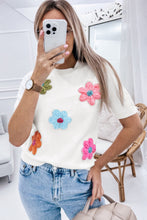 White Cute Flower Applique Short Sleeve Sweater