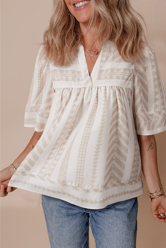 Jet Stream Geometric Jacquard Split V Neck Short Sleeve Blouse