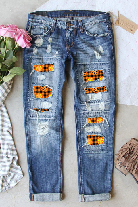 Sky Blue Distressed Checkered Pumpkin Face Patchwork Straight Jeans