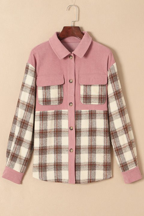 Plaid Corded Patchwork Flap Pocket Shacket