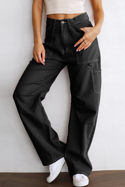 High Waist Straight Leg Cargo Pants with Pockets