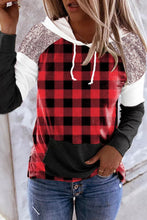 Sequined Splicing Plaid Kangaroo Pocket Hoodie