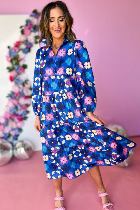 Blue Floral Peasant Sleeve Tiered Ruffle Midi Dress