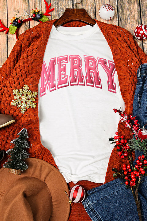 White MERRY Letter Christmas Crew Neck Short Sleeve Top