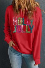 Red Glittering HOLLY JOLLY Graphic Christmas Pullover Sweatshirt