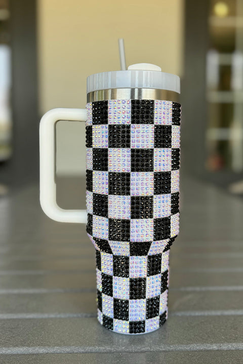 Black Full Rhinestone Checkerboard Handled Tumbler 40oz