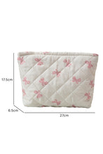 White Bow Knot Print Zipper Quilted Large Cosmetic Bag