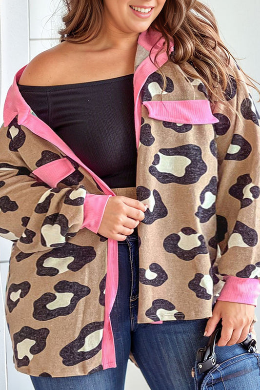 Chaqueta de talla grande con bolsillo falso con solapa y ribete en contraste de leopardo