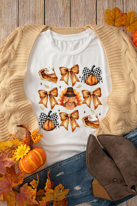 White Cute Bowknot Thanksgiving Graphic Crewneck T Shirt