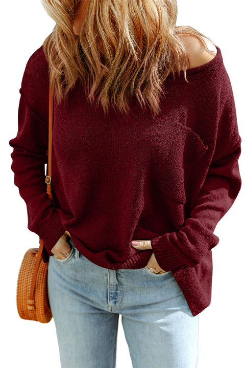 Green Solid Color Off Shoulder Rib Knit Sweater with Pocket