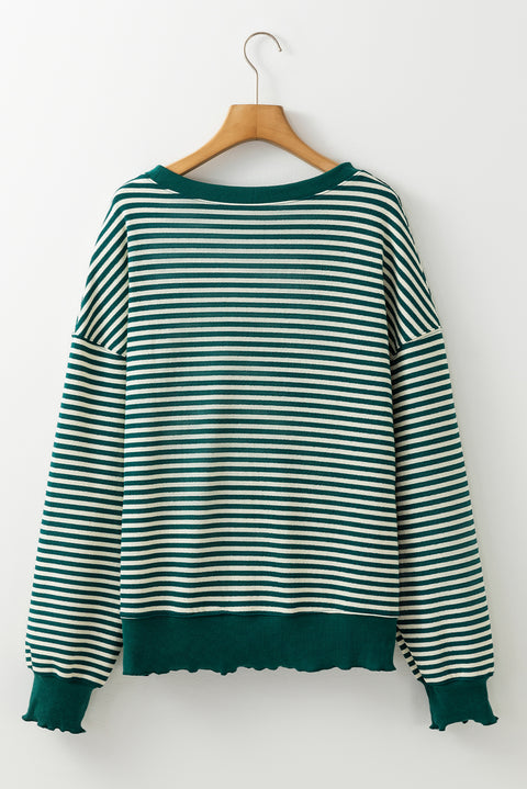 Green Stripe Sequined Turkey Pattern Drop Shoulder Pullover Top