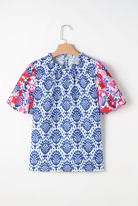 Blue Western Fashion Print Floral Puff Sleeve Frilled Neck Blouse